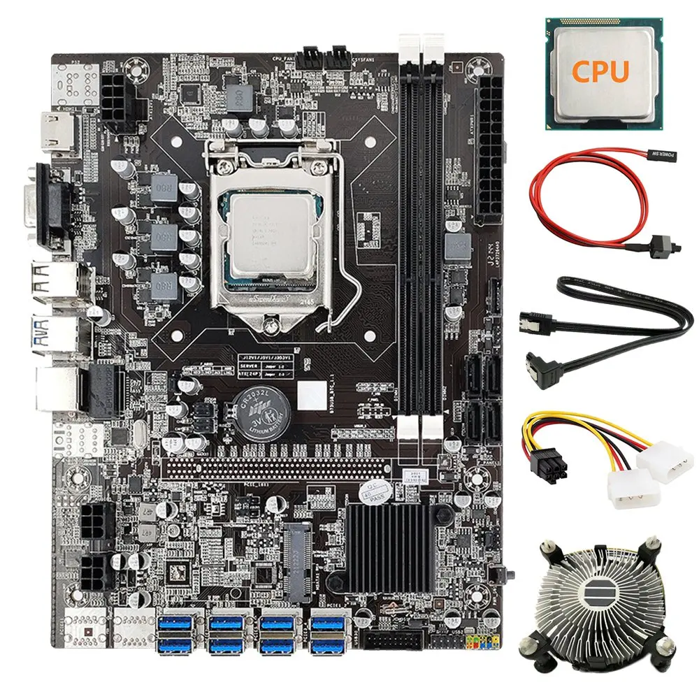 8 Card B75 BTC Mining Motherboard+CPU+Fan+Power Cable+Switch Cable+SATA Cable 8 USB3.0 (PCIE) LGA1155 DDR3 RAM SATA3.0