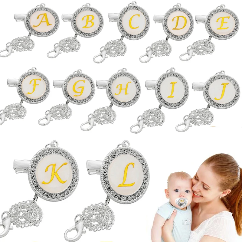 

Newborn Baby Pacifier Clips Silver Bling Teether BPA Free Silicone Pacifier Holder Alphabet Infant Nipple Dummy Baby Shower Gift