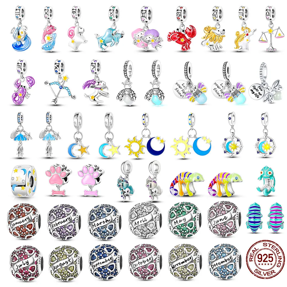 

Luminous Firefly Zodiac Signs Charm 925 Sterling Silver Birthstone Beads Fit Original Bracelet for Women DIY Jewelry Gift