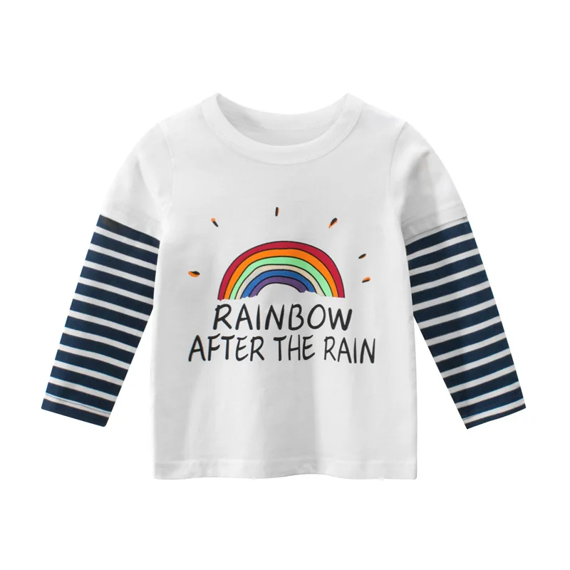 

Autumn New Fashion Rainbow Tops Girls Cartoon Long Sleeve Cotton T-Shirts Children Fake Two Striped Tee Shirt Kids Clothes