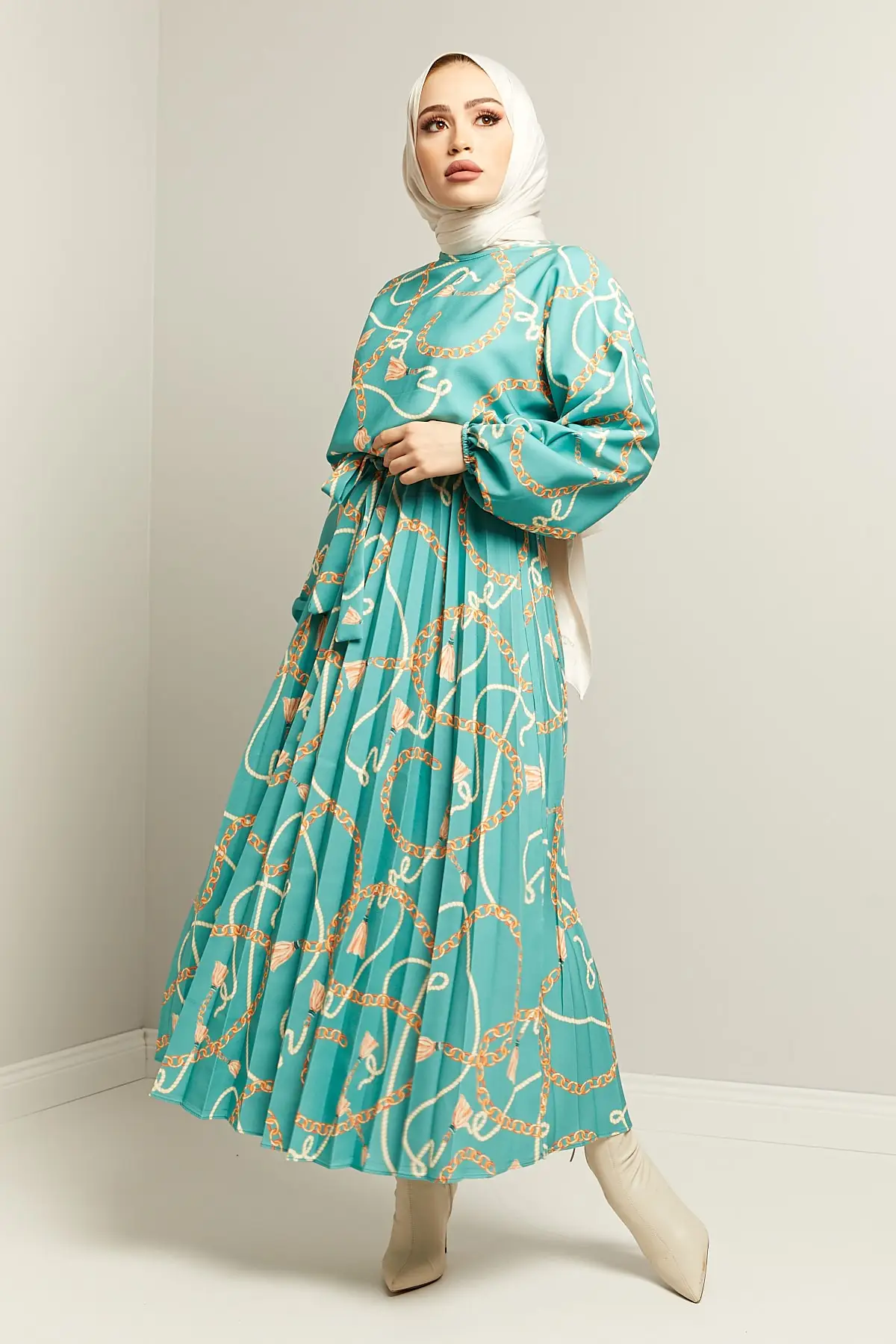

Chain Decorated Waist Fitted Dress Muslim Dress Women Luxury Kaftan Dubai Abaya Turkey Musulman African Head Scarf Longo Ves