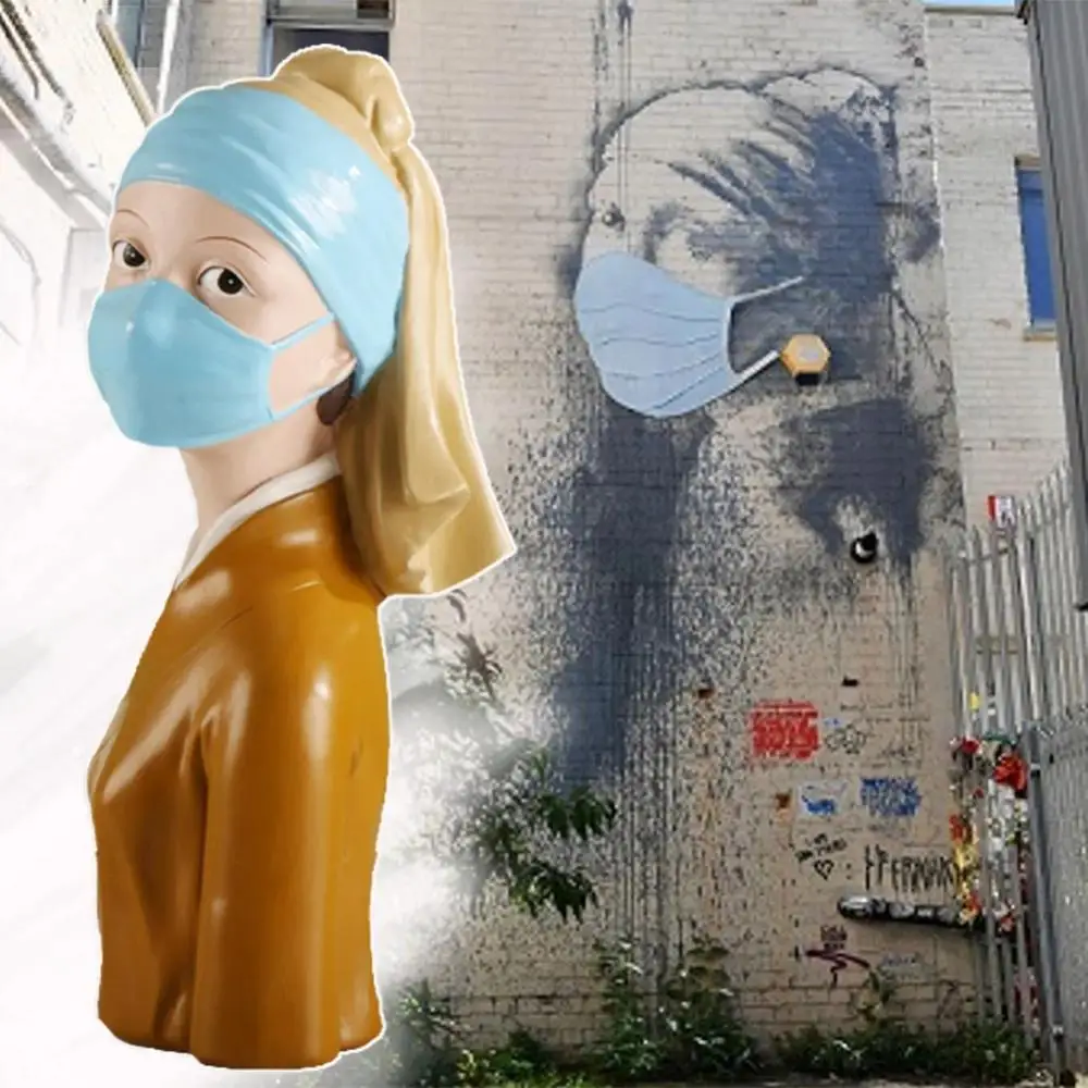 

Banksy Home Decoration Modern Art Figurine Sculpture Resin Gift Giving Girl Pierced Eardrum Gets Mask Ornaments Collectible
