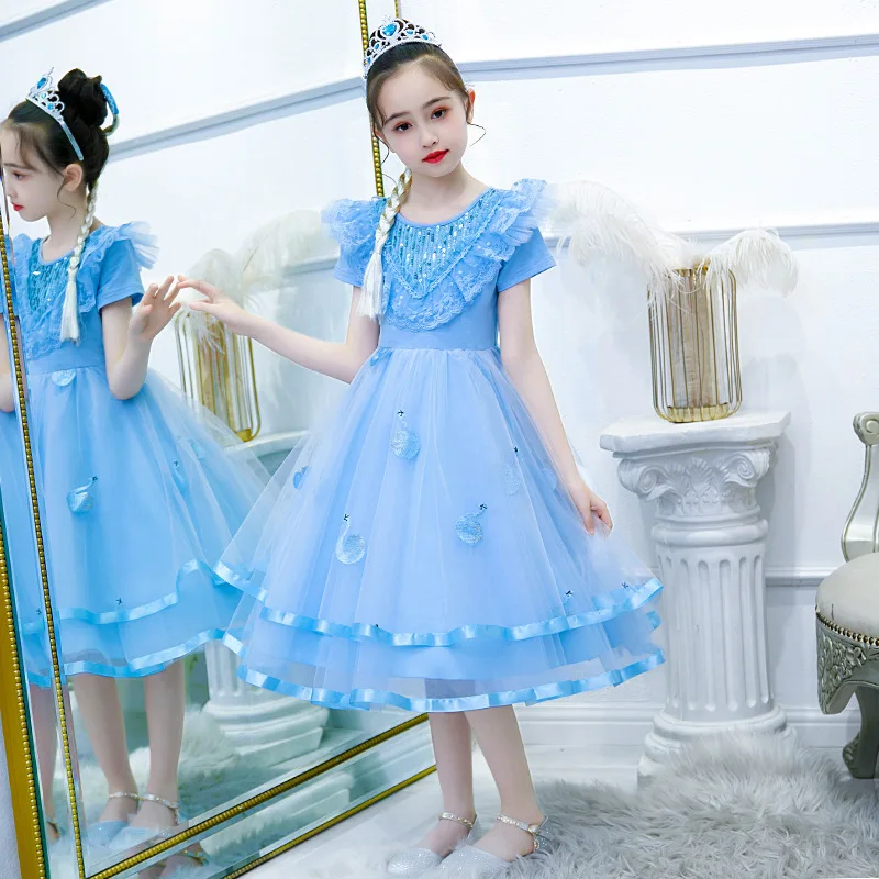 

Princess Girl Dress For Summer 2022 New Casual O-Neck Short Sleeve Floral Sequined Ball Gown Knee-Length Kids Clothes 110-160