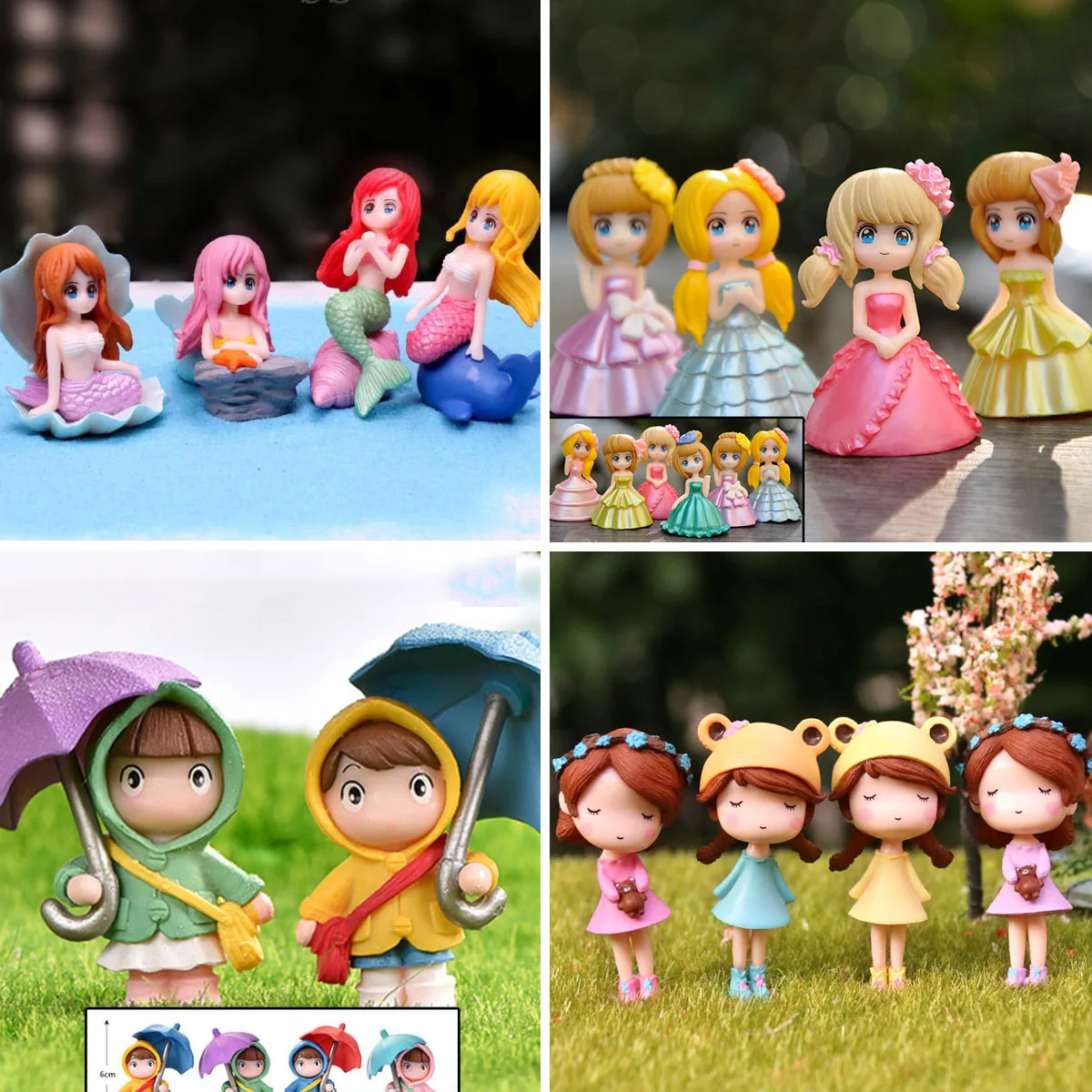 4pcs Little Girl Cartoon Princess Mermaid May Model Creative Doll Miniature Figurines Home Decor Action Figures Toy for Gift Box