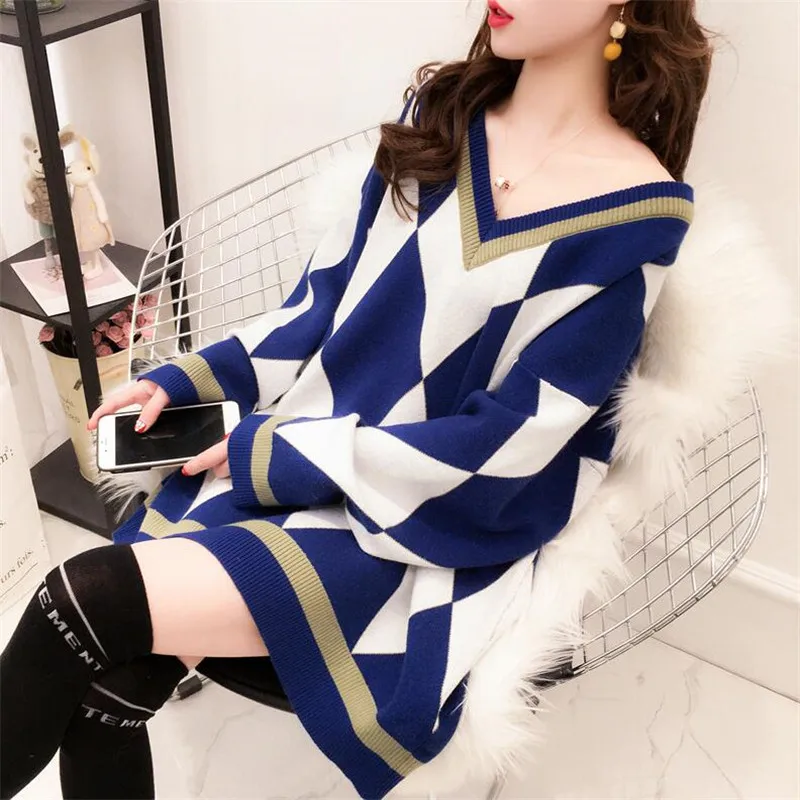 

2022 Autumn Winter Oversized V-neck Diamond Plaid Sweater Female Korean Loose Long Sleeve Knitted Pullover Tops Outwear Hot Sale