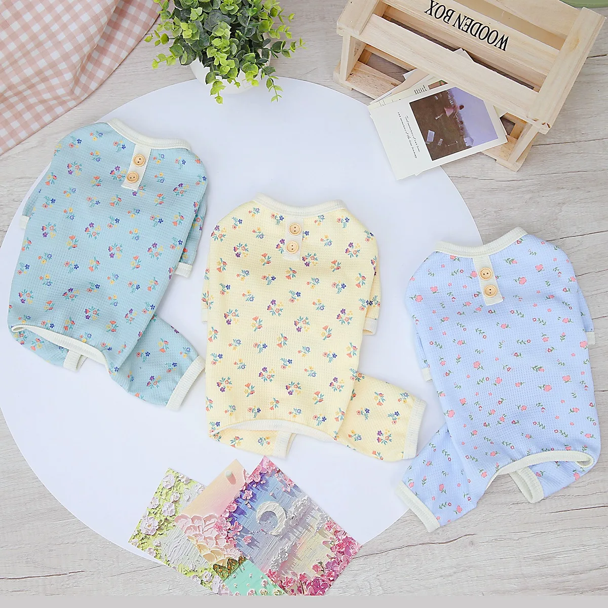 

Bichon Broken Flower Housewear Pet Four-Legged Clothes Waffle One-Piece Puppy Jumper Teddy Soft Pajamas XS-XL