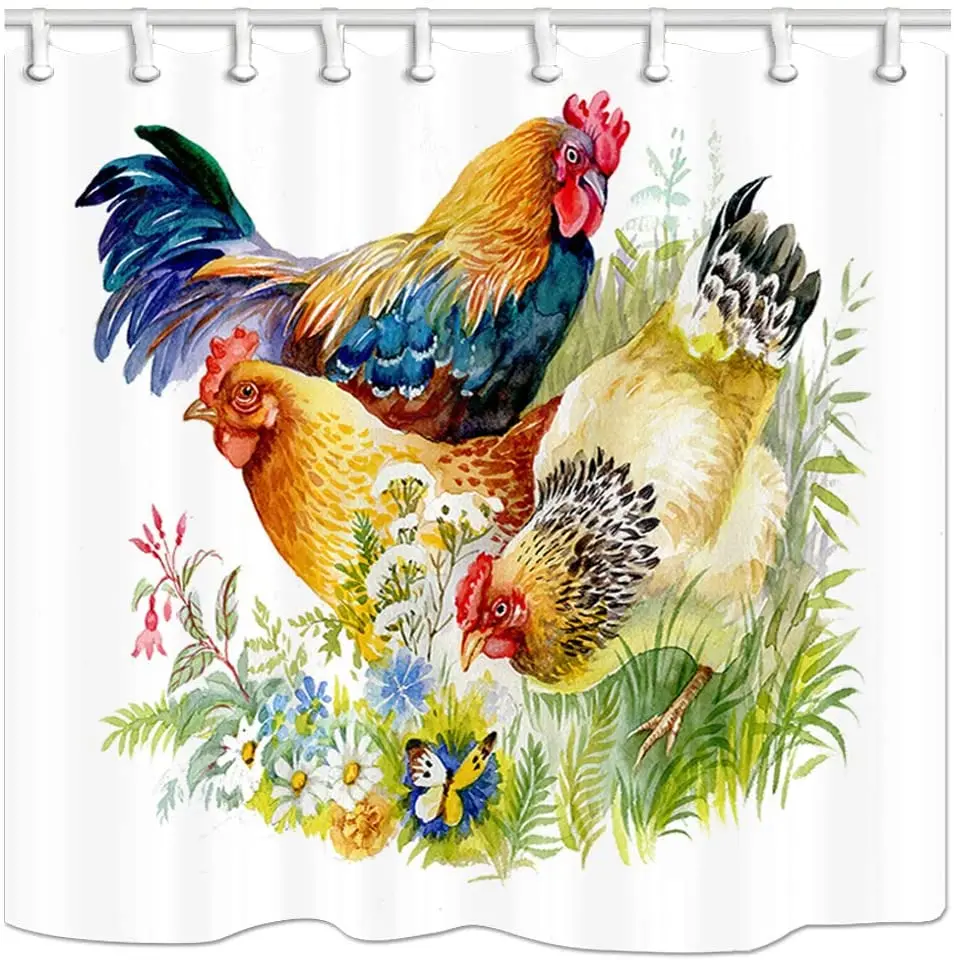 

Farm Animal Shower Curtain Chicken Rooster Grass White Background Waterproof Polyester Bathroom Curtains Liner with 12 Hooks