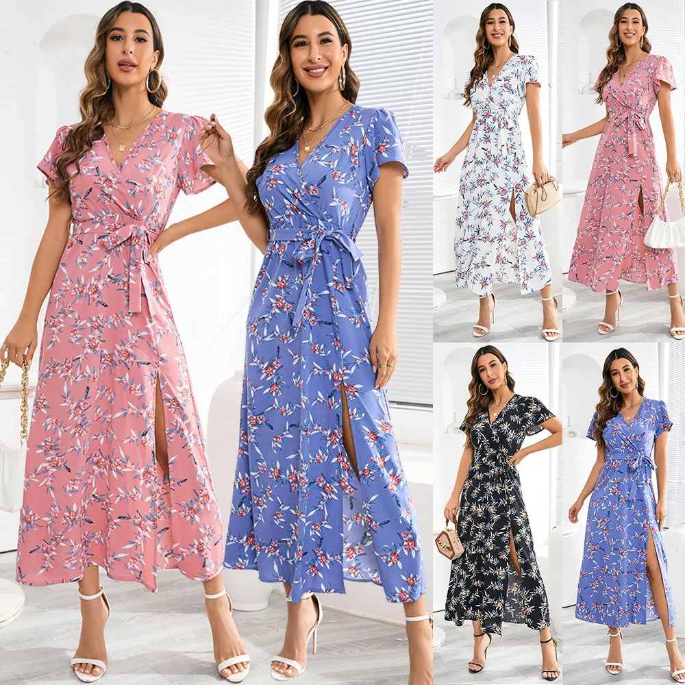 

2023 Women Fashion Summer Sexy Bohemian V-neck Fragmented Flower Split Skirt Dress