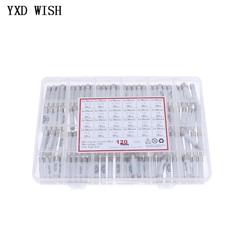 120 шт., керамические Предохранители, 24 значения, 6x30 мм