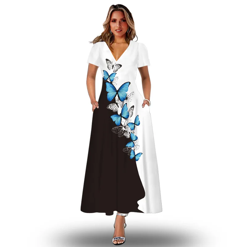 

Spring Summer Black White Maxi Dress Elegant Party Holiday Beach Butterfly Print Short Sleeve Dresses Women Loose Casual Dress