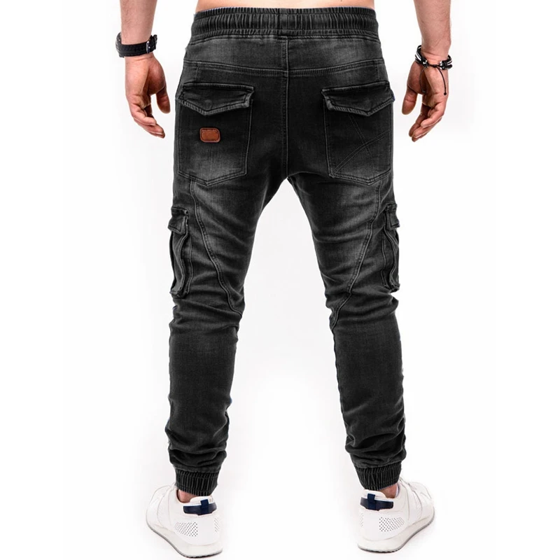 Men Jeans Spring Summer Solid Color Pocket Sports Stitching Jeans Men Casual Lace-up Mid-Waist Slim Denim Pencil Pants Trousers