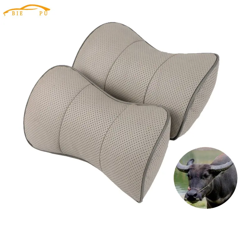 

2Pc Genuine Leather Car Pillow Breathable Auto Headrest Neck Pillow Universal Car Neck Headrest Soft Cushion