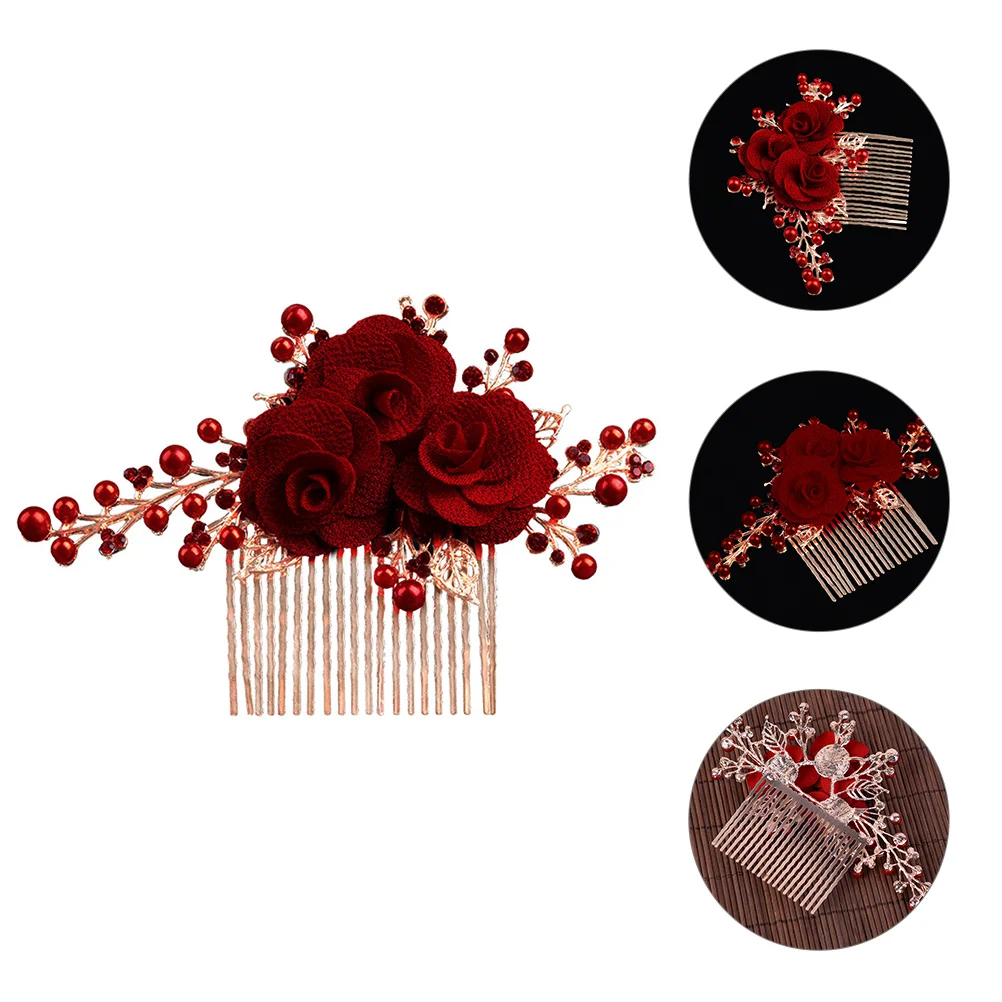

Hair Comb Accessories Pieces Red Bridal Pearl Crystal Prom Girl Women Headdress Flower Pin Side Rose Headpieces Wedding Party