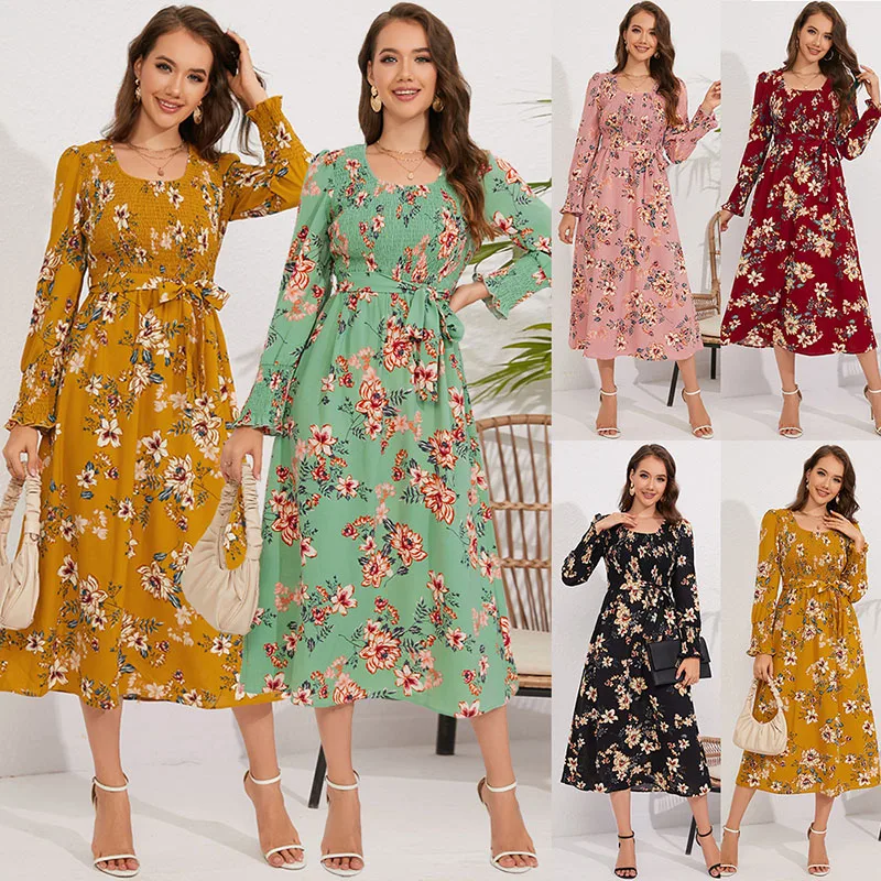 

Retro Floral Long Sleeved Medium Length Dresses for Women Fashion Elegant Bohemian Beach Style Elastic High Waisted Dress 2024