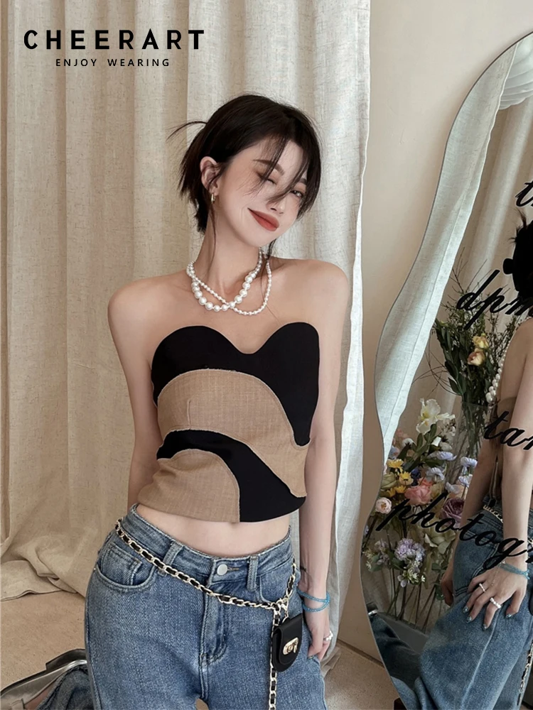 

CHEERART Corset Top Women 2022 Summer Tube Tops Patchwork Backless Strapless Top Color Block Brown Y2K Fashion Clothing
