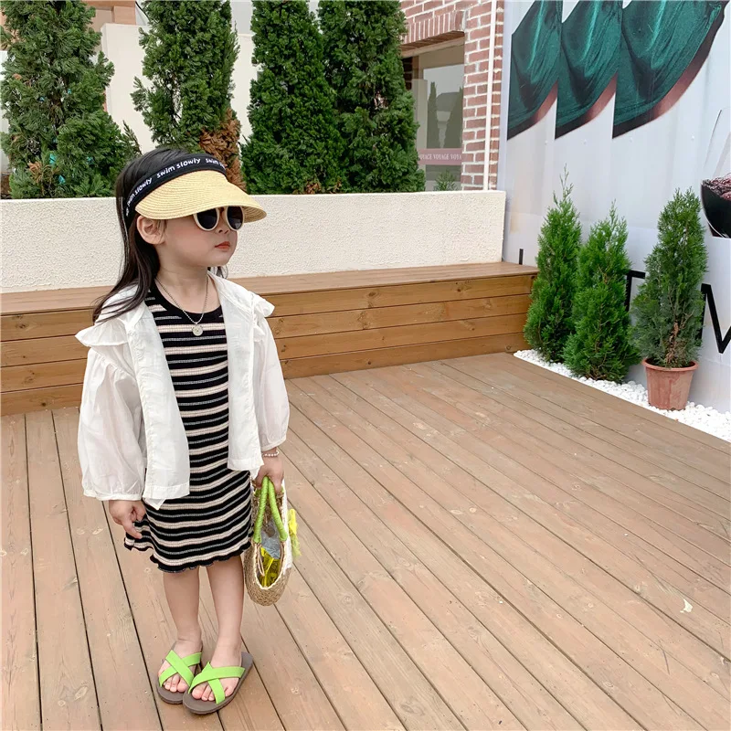 

Summer Girls Clothes Set Striped Vest Dress + Sun-protective Shirt Children Casual Outfits