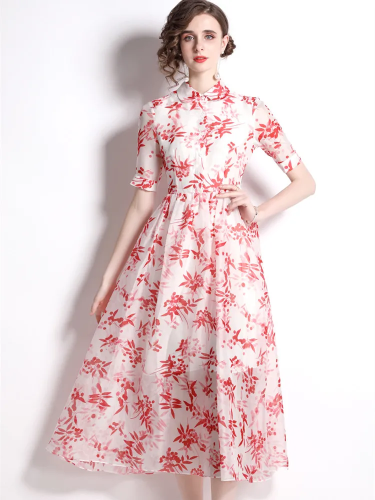 

Designer Women's Vintage Chiffon Long Dresses Summer Elegant High Waist Runway Flower Printing Simple Holidays Midi Dress