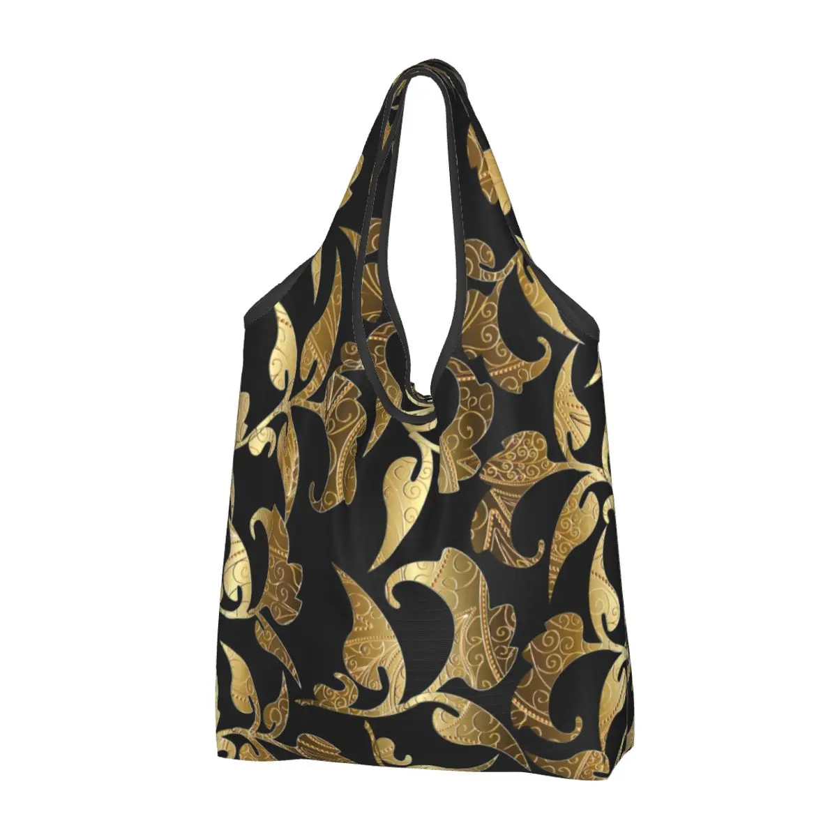 

European Floral Black Gold Seamless Groceries Tote Shopping Bags Women Baroque Shopper Shoulder Bag Large Capacity Handbag