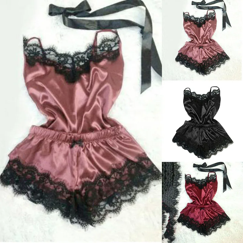 Сексуальный пижамный комплект женская одежда для сна шелковые атласные ночные