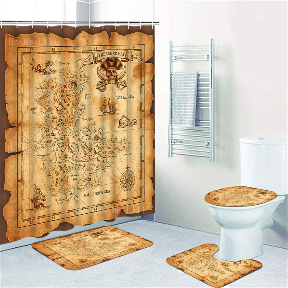 

Antique Pirate Old Treasure Map Ocean Island Adventure Sailing Retro Color Shower Curtain Sets With Rugs