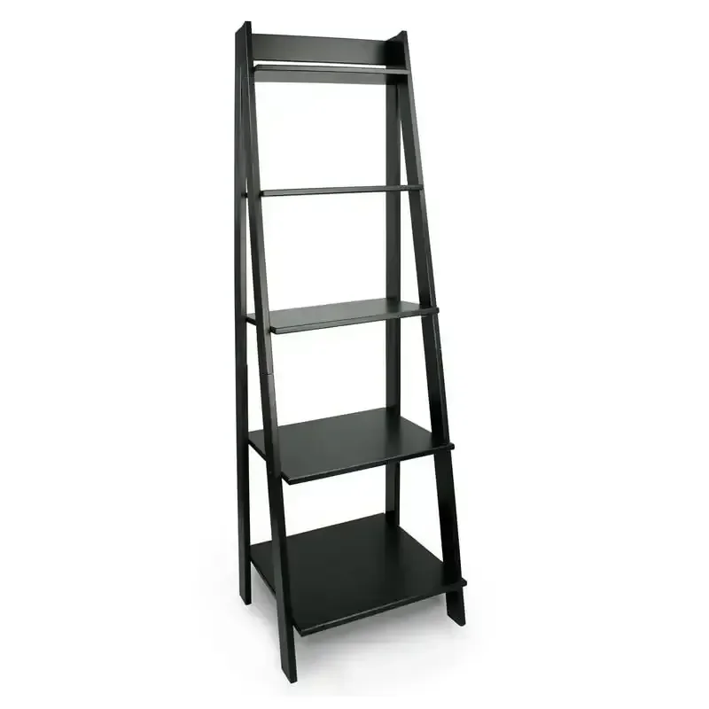 Solid Wood 5 Shelf Ladder Bookcase - Black Home Decor Displa