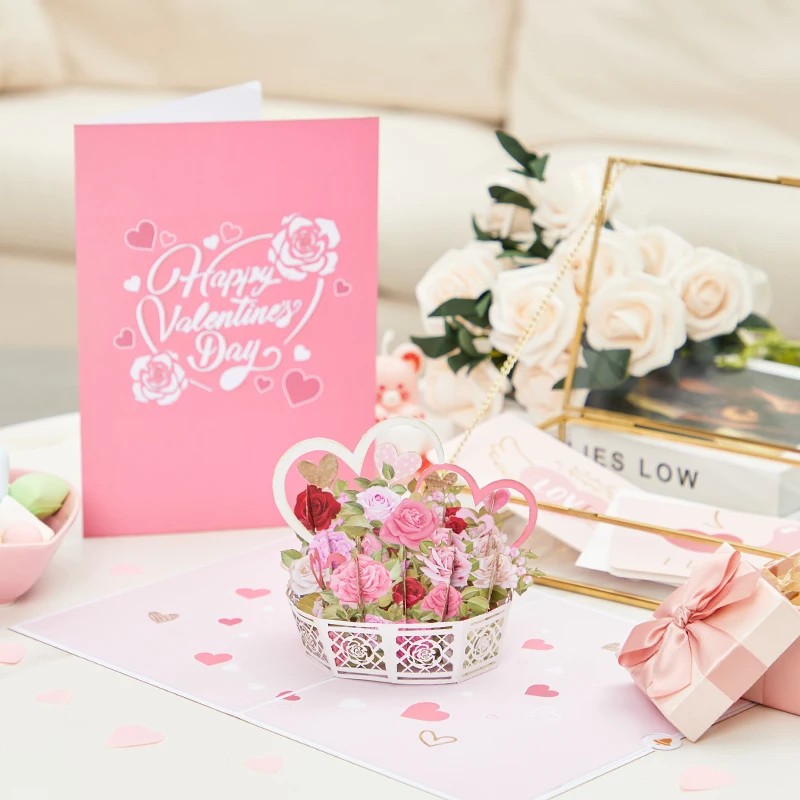 

3D Pop Up Flower Greeting Wedding Invitations Card Mothers Day Easter Postcards Sweethearts Rose Heart Flower Basket Card