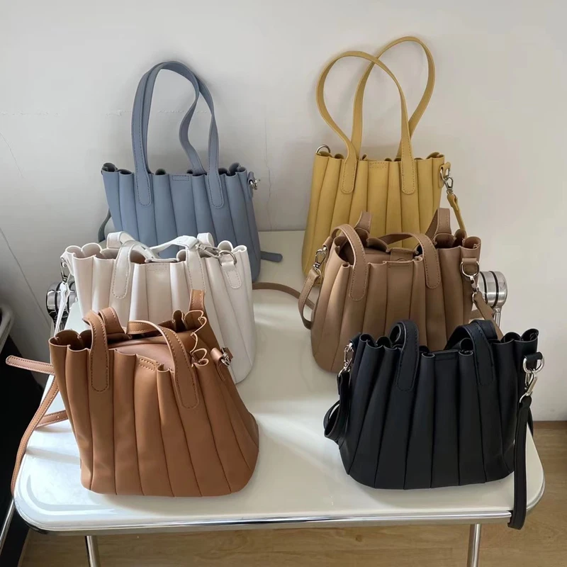 

Women's Bag Female Pleated Bag PU Leather Small Bucket Handbags Organ Designer Bag Sets Japan Ladies Shoulder Bag Whole Sale