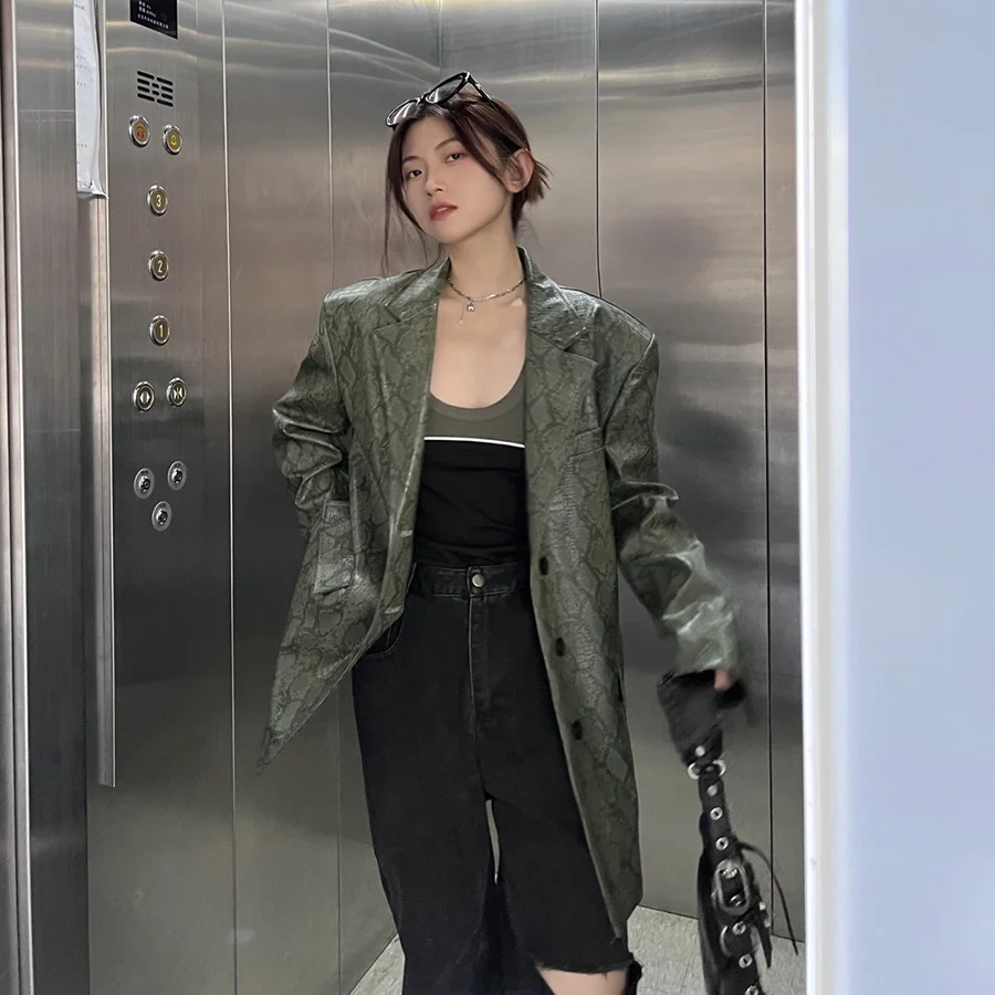 Leather Women's Suit PU Jacket 2023 Autumn Winter Military Green Python Printed Oversize Blazer Outwear