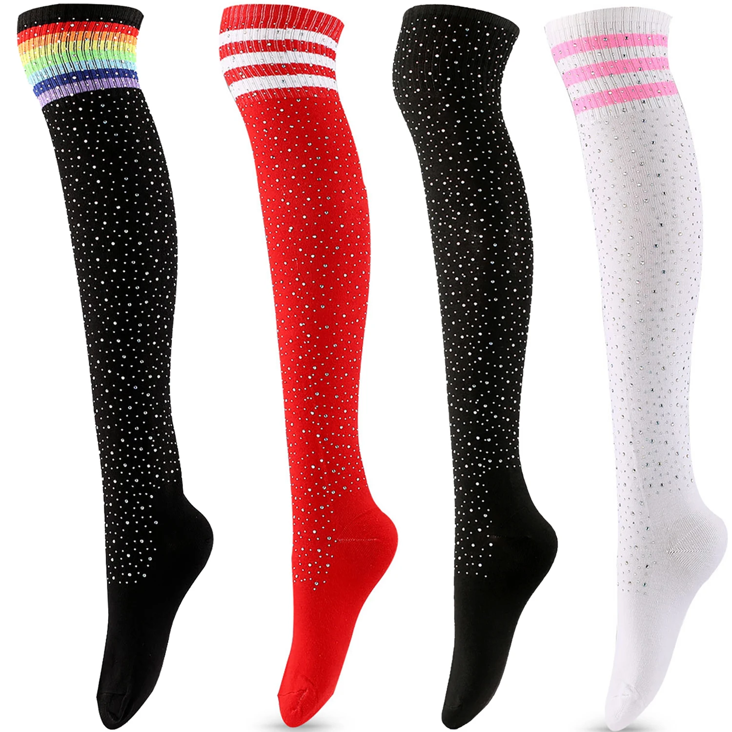 Women's Sparkle Rhinestone Thigh High Stocking Sexy Shiny Socks Over Knee High Stocking Cotton Stripe Long compression Socks