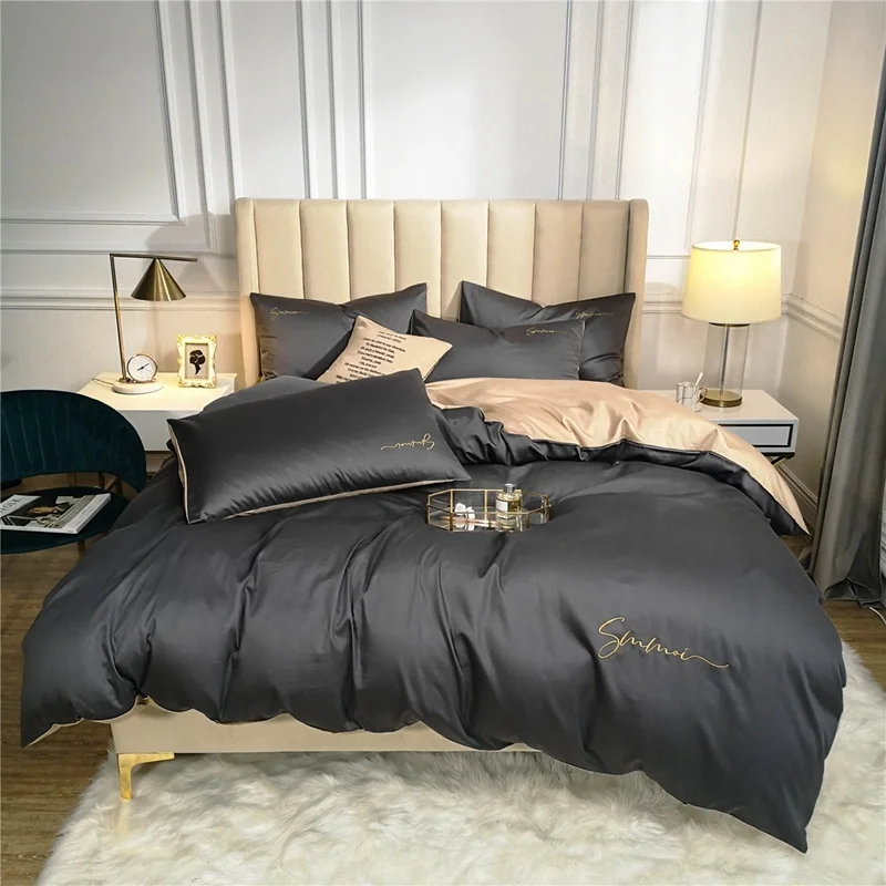 

60S Egyptian cotton Bedding Set Solid color Embroidery Duvet Cover long-staple cotton Bed Sheet Fitted sheet bed sets beds