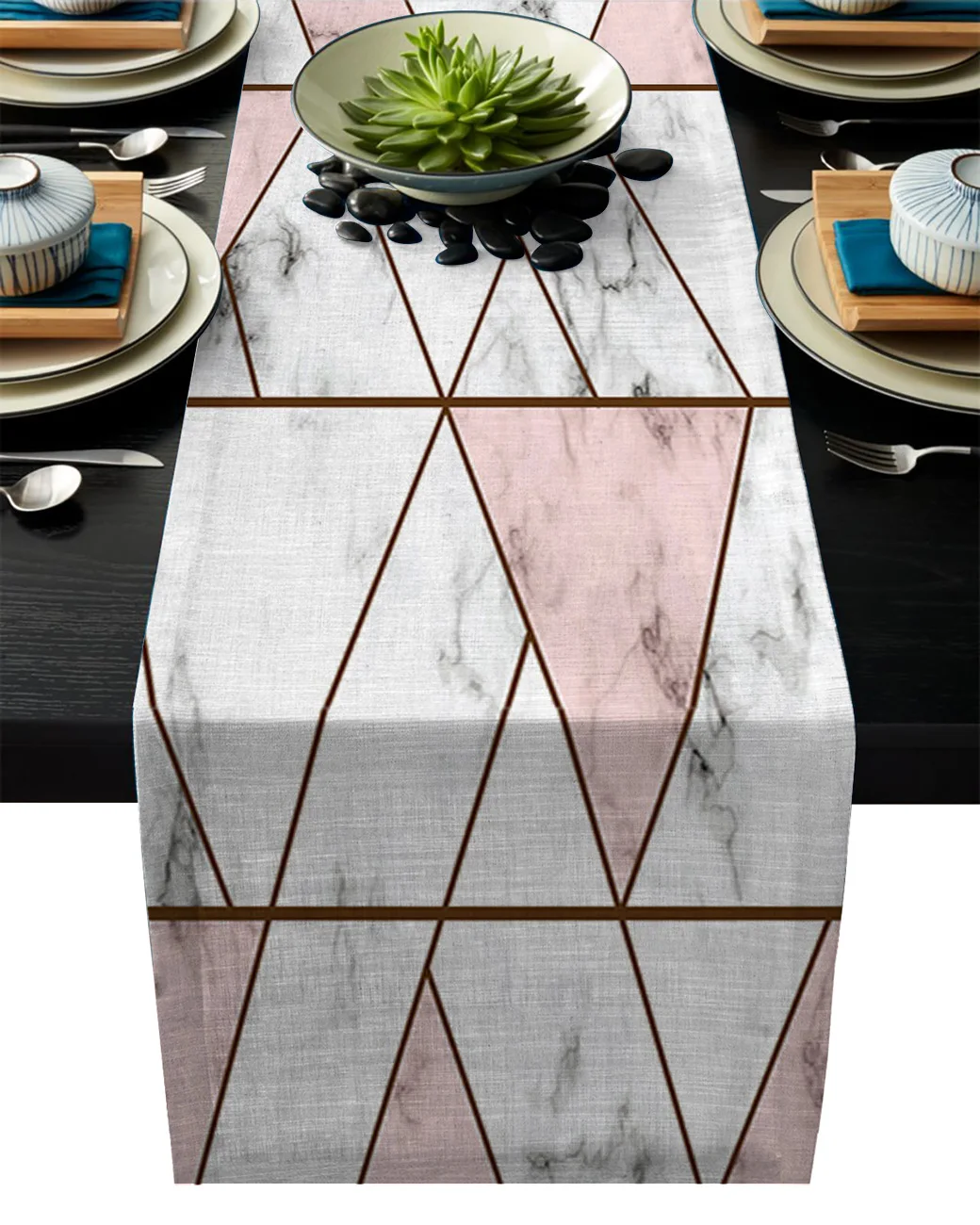 

1pcs White Marble Texture Pink Triangle Modern Table Runners For Wedding Party Chirstmas Table Cover Hotel Home Table Decoration