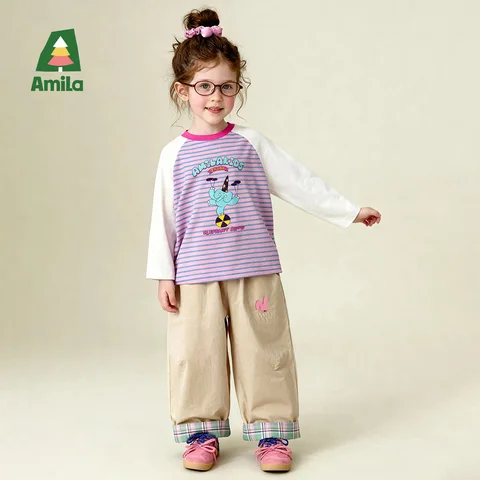 Детские универсальные повседневные брюки Amila Spring с эластичной резинкой на талии, сетчатым узором и фланелевой отделкой для повседневного ношения