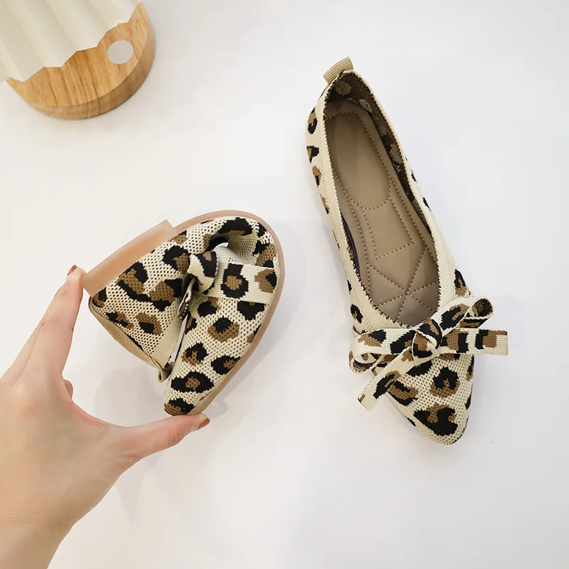 

Bow Tie Casual Flats Women's Leopard Print Mesh Solid Color Pointed Toe Shallow Loafers Fashion Walking Shoes Zapatos Mujer