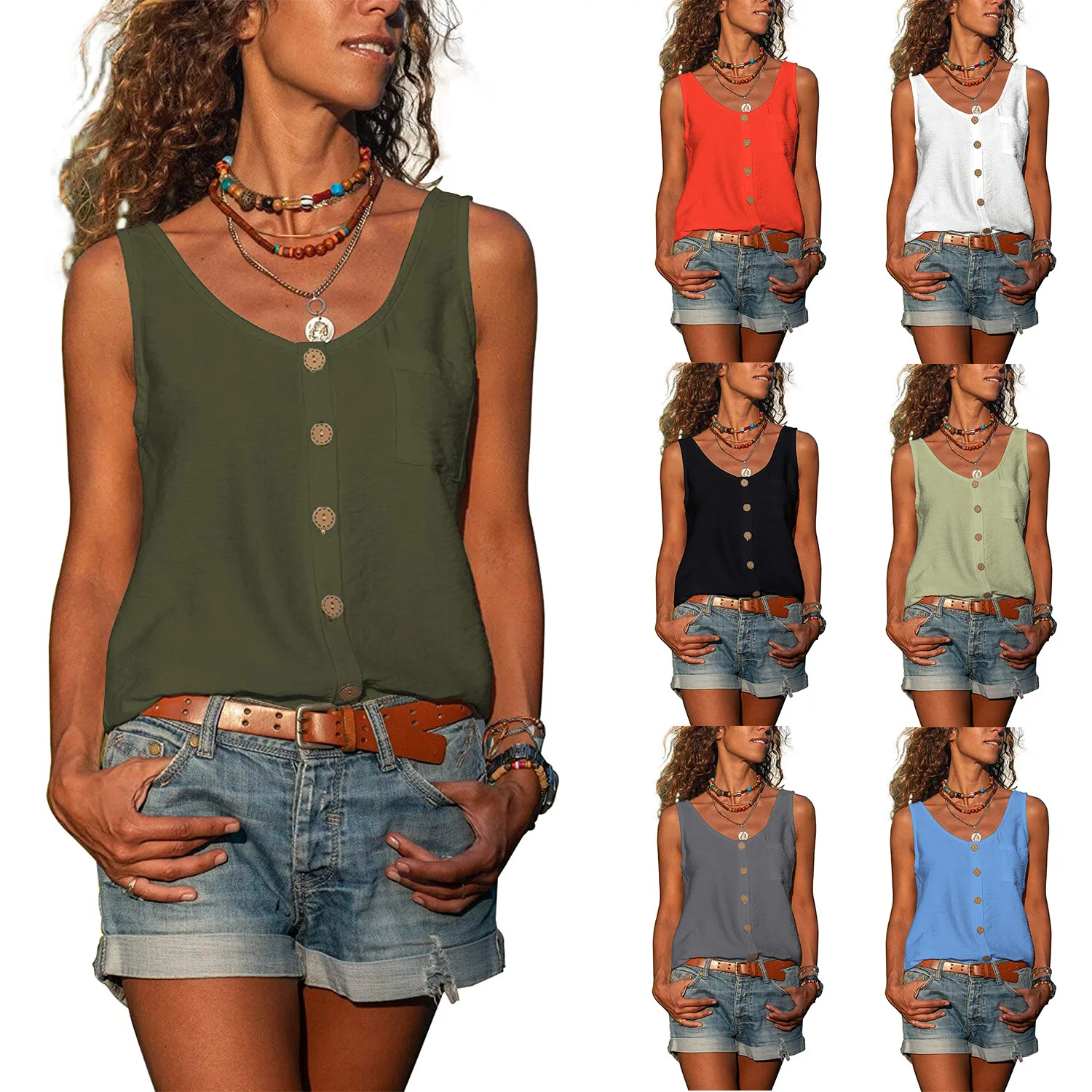 

Summer Button Loose Tank Tops Casual Women V Neck Sleeveless Blouse Shirt Vests women clothing