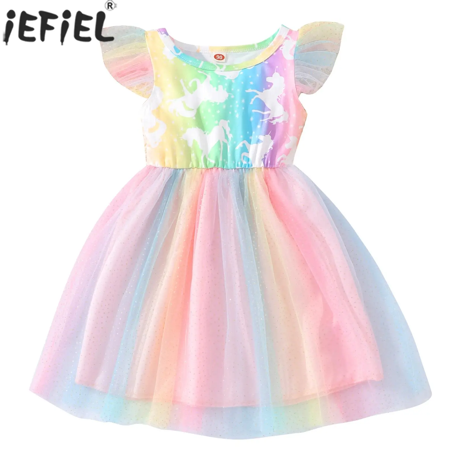 

Baby Girls Summer Cute Princess Dress Cartoon Print Mesh Rainbow Tutu Dresses for Daily Wear Baptism Birthday Party Evening