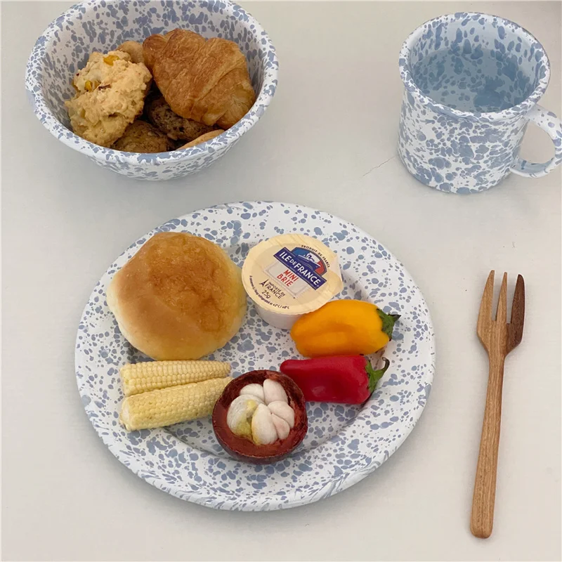 

INS Vintage Splash-Ink Enamel Tableware Enamel Plate Salad Oatmeal Bowl Coffee Mug crow canyon similar Korea USA popular