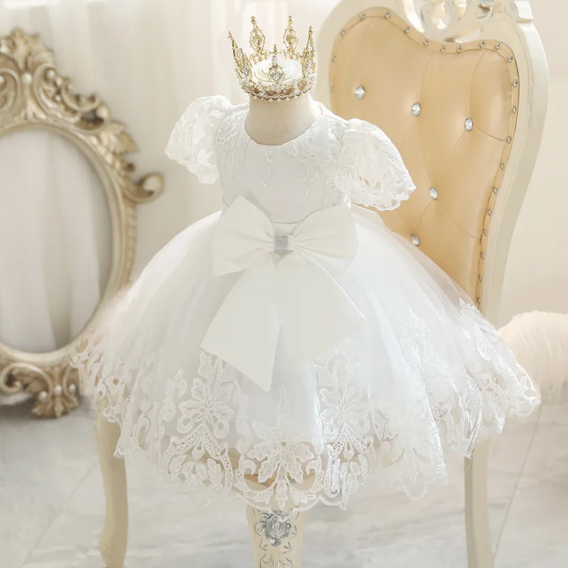 

New Design High Quality Bow Lace Short Sleeve Baby Skirt Girl's Birthday Wear Princess Dress