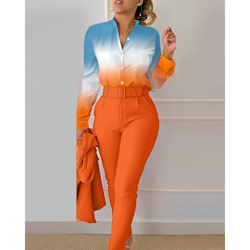 Casual Summer Women Ombre Buttoned Shirt & High Waist Pants Set Korean Style Two Pieces Workwear New In Suit 2023 y2k Clothes