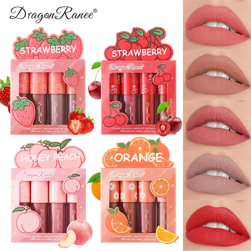 

Velvet Matte Lip Gloss Set Non-Fading Nonstick Cup Fruit Makeup Lip Gloss Four Mini Boxes Wholesale Lip Plumper Gloss