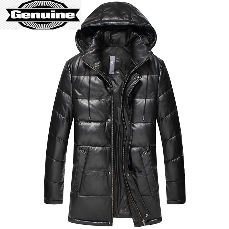 

Sheepskin Leather Jackets Mens Real Coats Genuine Leather Down Coat Male Warm Hooded Black Pakas Veste Cuir Homme SQQ239