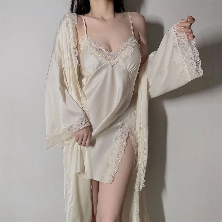 

Женское нижнее белье, сексуальный комплект из двух предметов, халат, длинное кимоно, кружевная Пижама, искусственное кружево, домашний хала...