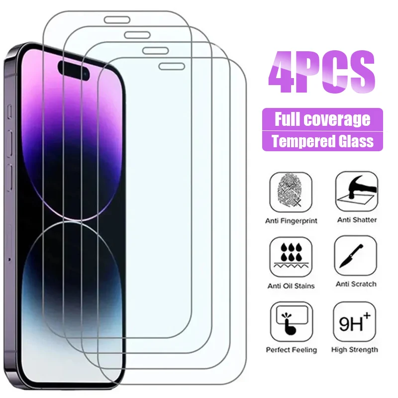 4PCS Full Tempered Glass for iPhone 16 15 14 Pro Max Plus Screen Protector on 11 12 13 Mini X Xs Xr