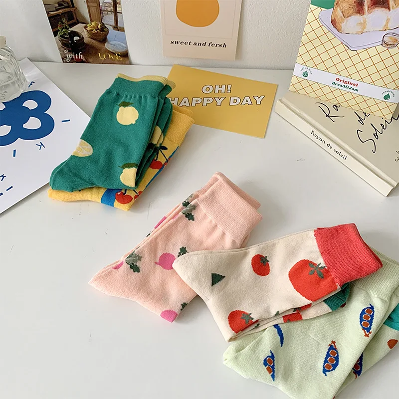 5 Pcs Harajuku Japanese Cute Cartoon Fruit Cotton Socks Set for Women New Sweet Kawai Spring Autumn Mid-Tube Cotton Korean Socks