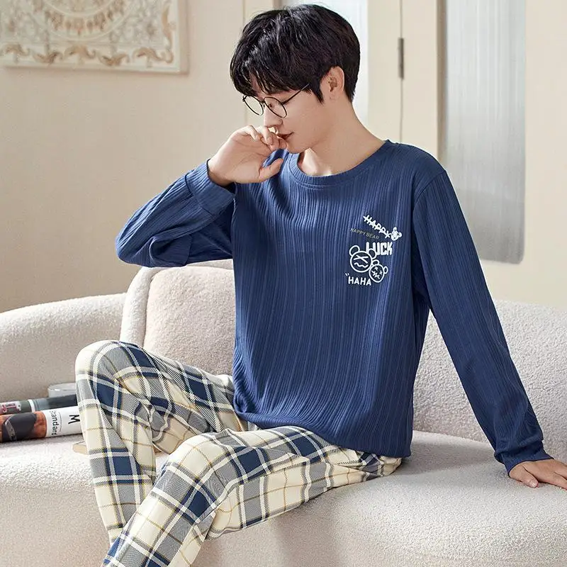 SUO&CHAO 2023 New Pajamas Sets For Mens Long Sleeve Round Neck Tops And Pants Pyjamas Nightgown Sleepwear Homewear
