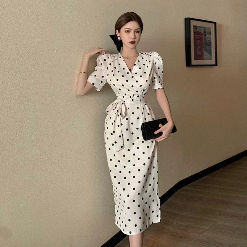 

2022 Summer New Hepburn Style Women's Elegant Dress Polka Dot Puff Sleeve Slim Midi Dress French Vintage Ladies Clothing