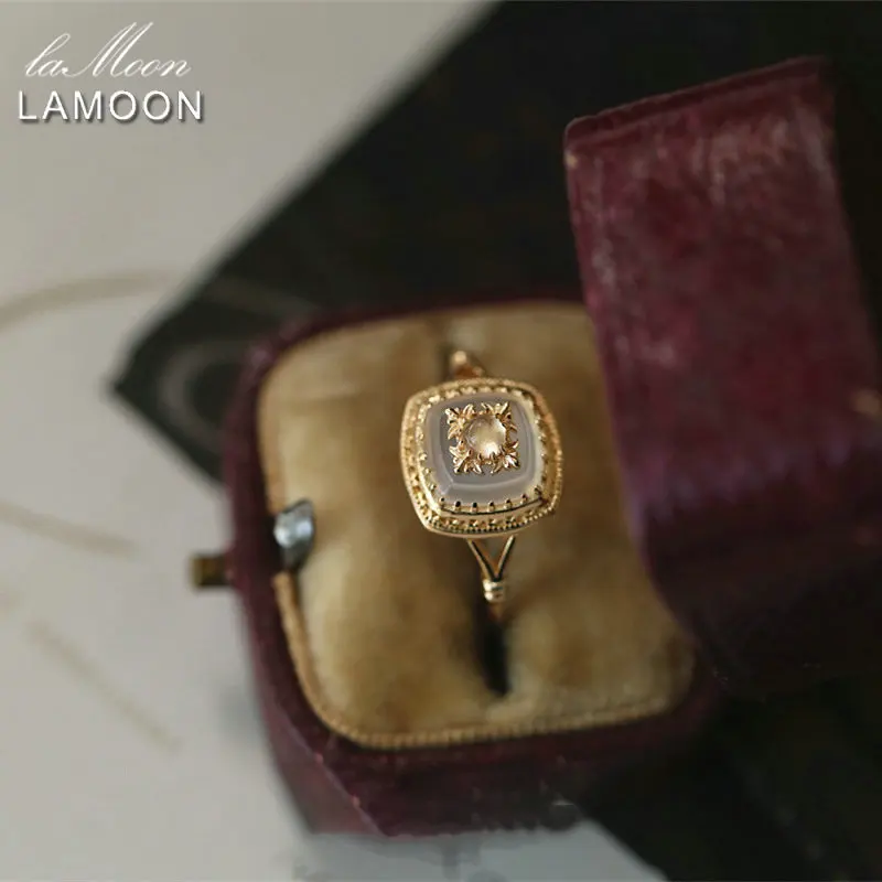 

GOLUCA Natural Gemstone Chalcedony Ring For Women Vingate Luxury Palace Carved Pattern 925 Sterling Silver Gold Vermeil Jewelry