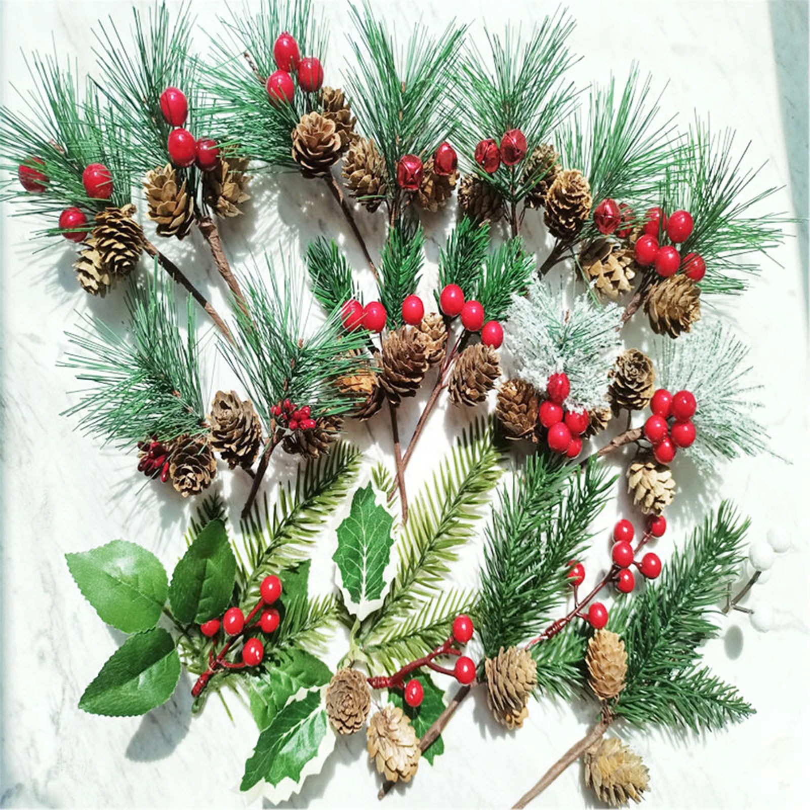 

5pcs Artificial Christmas Berries Twig Leaves Pine Branches Picks for Floral Arrangement Wreath Winter Garland Xmas Tree Decor