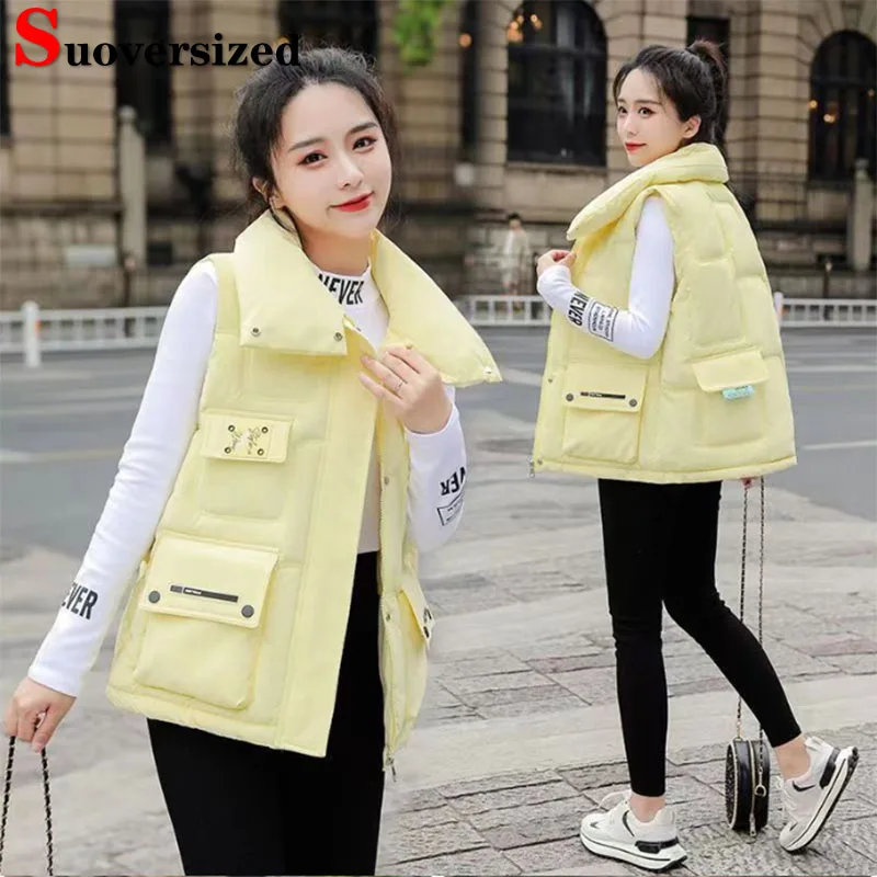 

Зимние короткие теплые хлопковые жилеты, свободная Корейская ветрозащитная безрукавка большого размера 4xl, куртка без рукавов, повседневные женские парки с воротником-стойкой