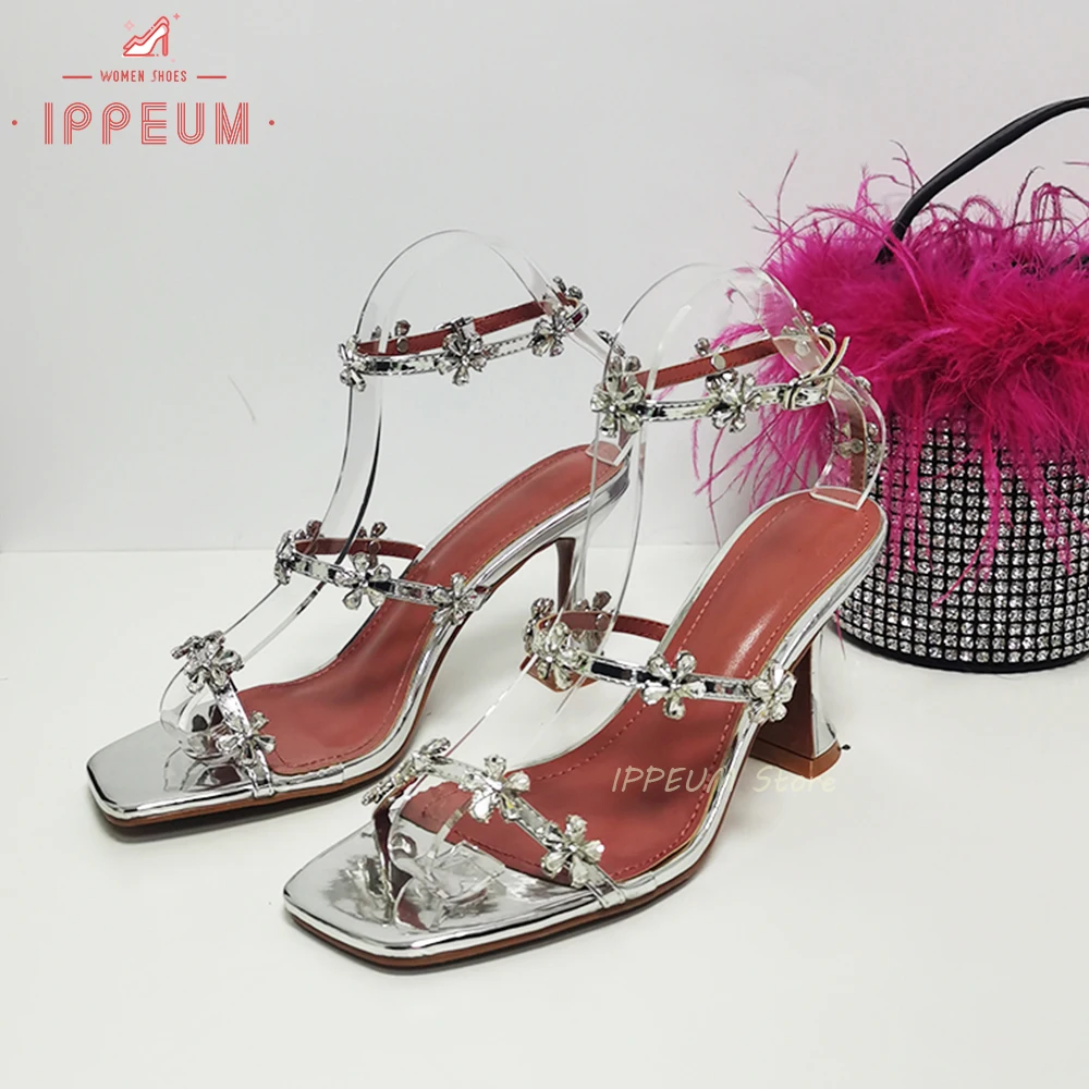 IPPEUM Crystal Flower Slides Women Black High Heels Runway Designer y2k Shoes 2023 New In Luxury Brand Dupes Satin Sandals images - 6