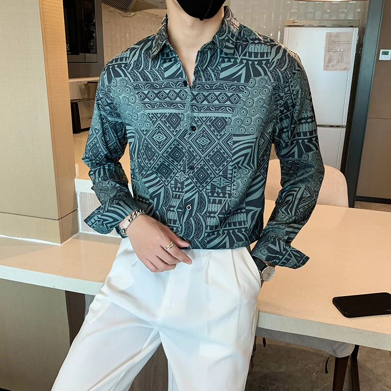 2022 Autumn Light Luxury Print Shirts Men Loose Casual Shirt Vintage Business Dress Shirts Social Party Men Clothing Streetwear